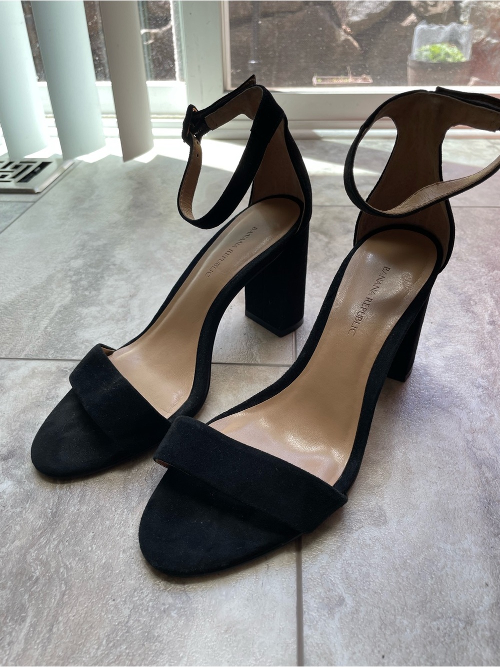 Banana Republic Black Suede Ankle-Strap Block Heel Sandals